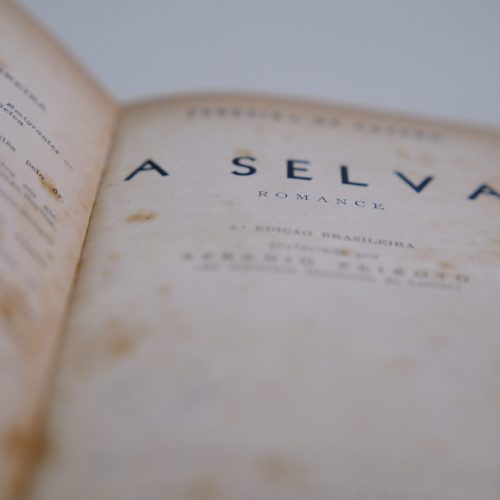 Cinco fotografias em cor em um fundo branco, de exemplares do livro A SELVA, romance de Ferreira de Castro.